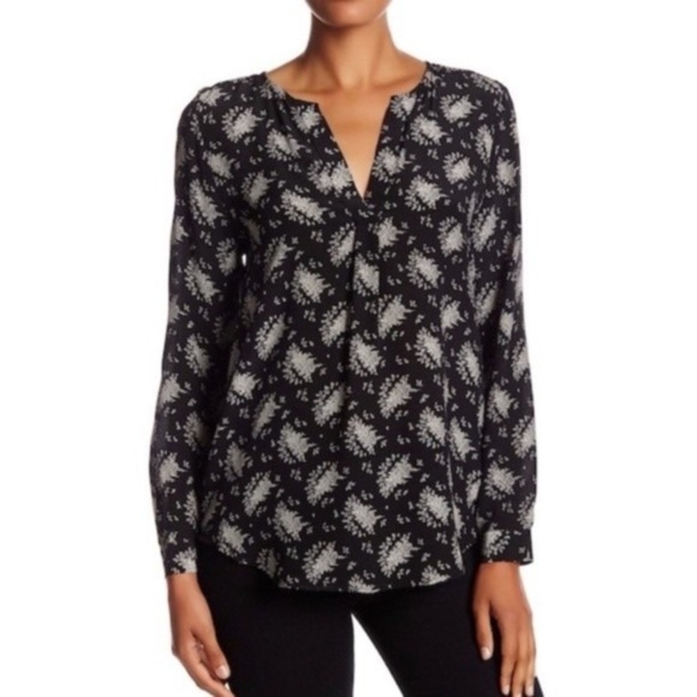 Joie 100% Silk Black Deon B Blouse Top Floral Print Long Sleeve Button Down‎ XS